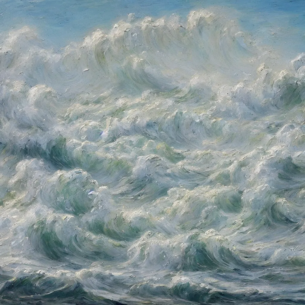 Image similar to 3d high relief painting of towering waves crashing down on a stony beach, rough sea painted in the style of the old masters, painterly, thick heavy impasto, expressive impressionist style, painted with a palette knife