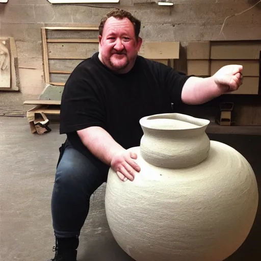 Prompt: johnny vegas sitting making a very large clay teapot, art school, studio, wet clay, ceramics, pottery wheel, Michael Joseph Pennington, photorealistic