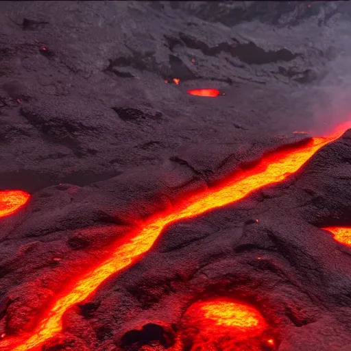 Image similar to 8 k hd detailed octane render of a river of molten magma following from a volcano