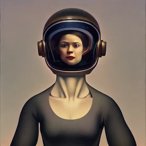 Image similar to portrait An astronaut girl wearing helmet with black lace suit, Edward Hopper and James Gilleard, Zdzislaw Beksinski, Mark Ryden, Wolfgang Lettl highly detailed