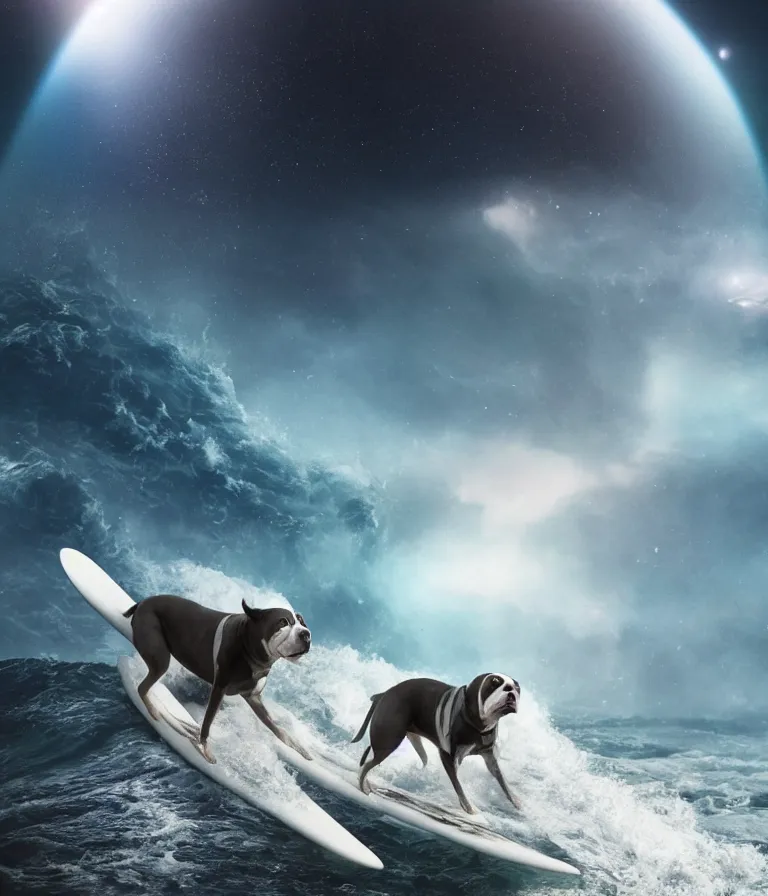 Prompt: photo of a dark gray coat pit bull with a white paws and a white nose!, surfing on a surfboard in a crashing wave of alien ocean in space, background is an alien galaxy, aliens in the background, alien colors, octane render, unreal engine, wide view, 8 k, highly detailed
