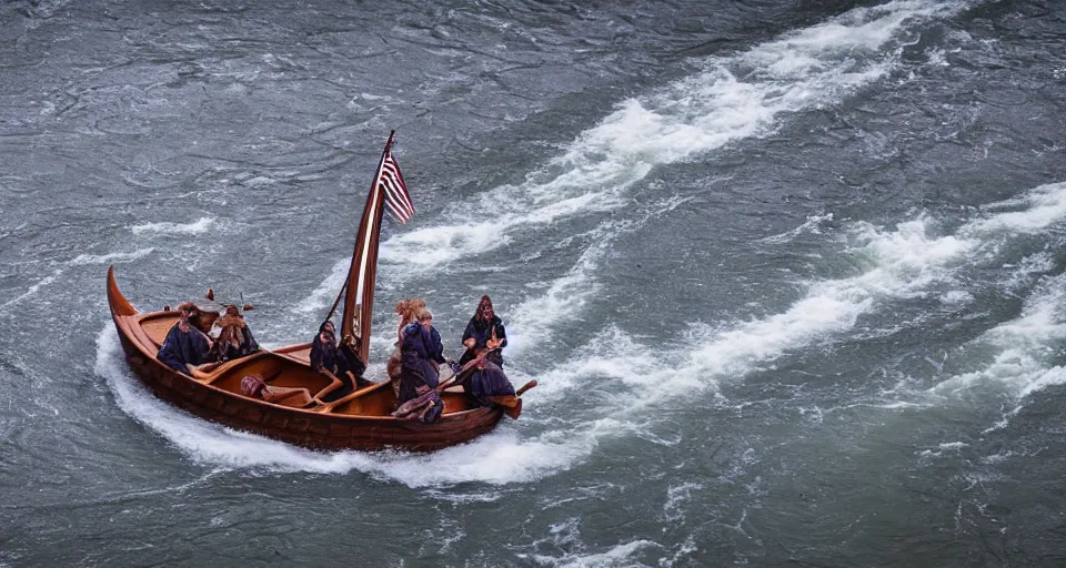 Image similar to fast viking ship sailing down a river, f / 2. 8, motion blur