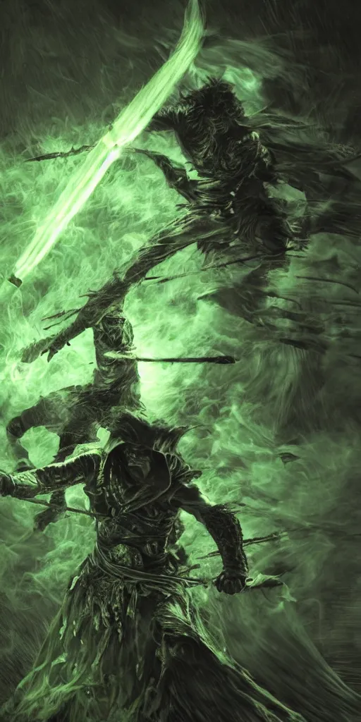 Prompt: a man with a missing an arm holding a spear made of green fire wearing a leather cloak fighting a bad guy made of black smoke, full body, dark colors, sinister atmosphere, dramatic lighting, cinematic, establishing shot, extremely high detail, photo realistic, cinematic lighting, pen and ink, intricate line drawings, by Yoshitaka Amano, Ruan Jia, Kentaro Miura, Artgerm, post processed, concept art, artstation, matte painting, style by eddie mendoza, raphael lacoste, alex ross,