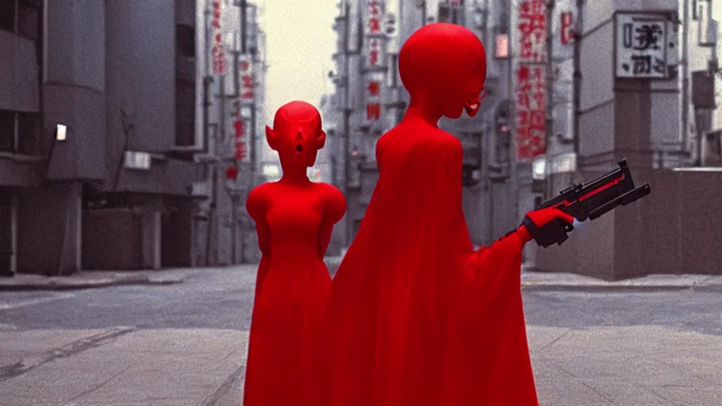 Prompt: a woman in a red dress wearing a red demon mask standing alone on an empty street in downtown Tokyo with a gun, film still from the an anime directed by Katsuhiro Otomo with art direction by Zdzisław Beksiński, wide lens