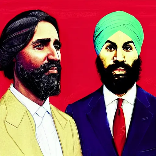 Image similar to Justin Trudeau next to Jagmeet Singh, pictured in the american gothic painting, concept art, sharp focus, highly detailed digital painting by Grant Wood, artstation