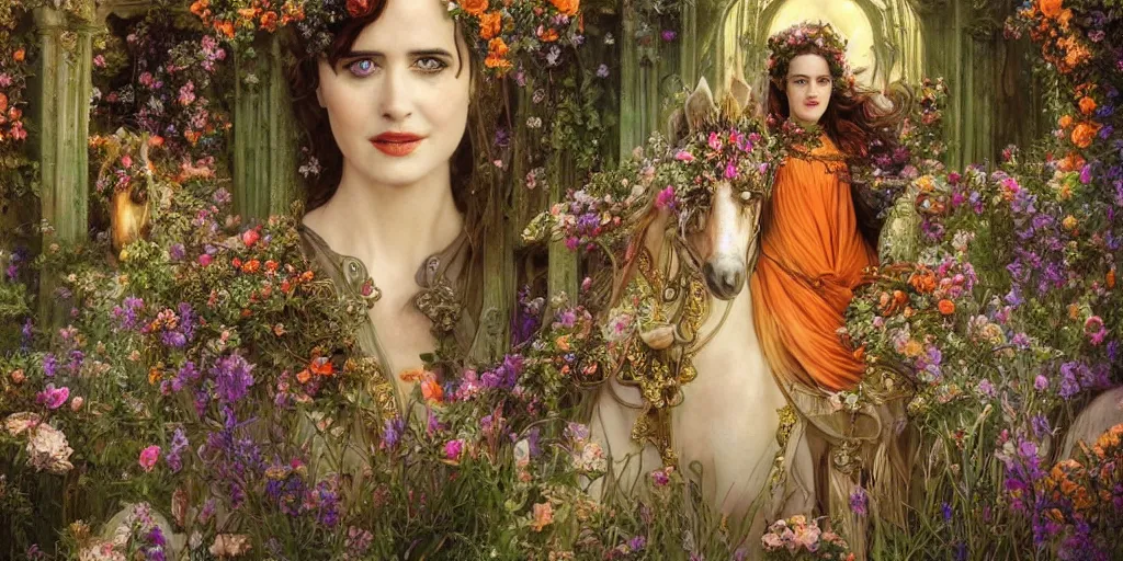 Prompt: fairytale princess played by Eva green with lovely detailed face entering the gates of her majestic palace of flowers , with horse driven , carriage made of pumpkins , epic scene unreal render depth of focus blur hyperrealistic detail Star Wars mucha fantasy art behance