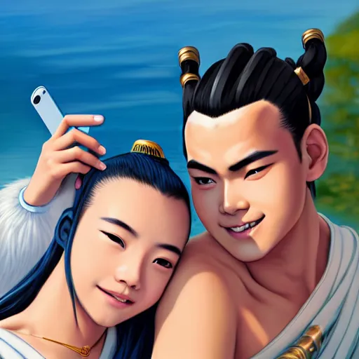 Image similar to beautiful serene intricate portrait of sokka and yue taking a selfie, smiling softly, relaxing on the beach, golden hour, soft focus, 8 k, art by irakli nadar, hyperrealism, hyperdetailed, ultra realistic