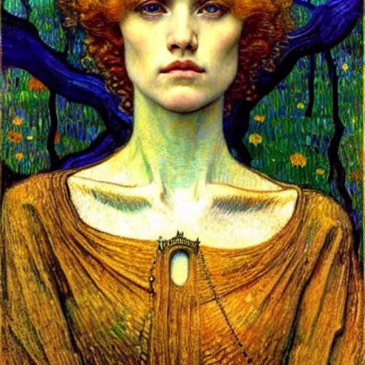 Image similar to detailed realistic beautiful young medieval queen face portrait by jean delville, gustav klimt and vincent van gogh, art nouveau, symbolist, visionary, gothic, pre - raphaelite, muted earthy colors, desaturated