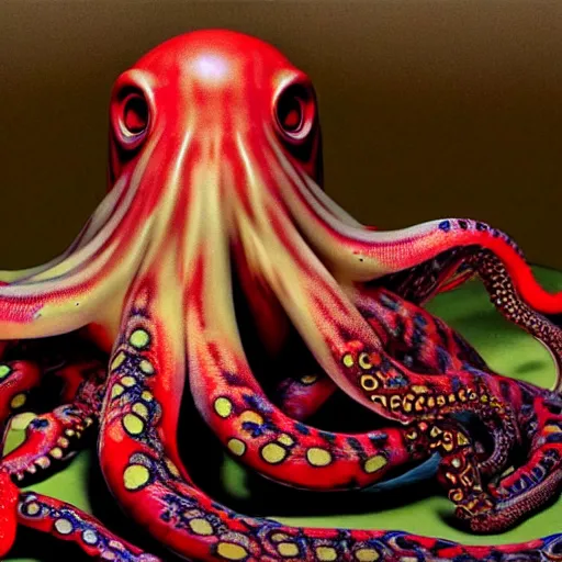 Image similar to hyperrealism photography in araki nobuyoshi dramatic scene from movie the big lebowski style computer simulation visualisation of detailed octopus riding eating human octopus in the detailed ukrainian village