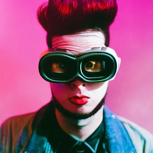 Image similar to kodak ektar 1 0 0 photograph of a nerdy goth guy with lip piercings wearing goggles and eclectic jewelry, moody lighting, telephoto, 9 0 s vibe, rave background, vaporwave colors, faded!,