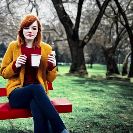 Image similar to Emma Stone sitting on a bench and drinking coffee in a park filled with trees, sharp focus, highly detailed, 4K, colorful, portrait photography, medium shot