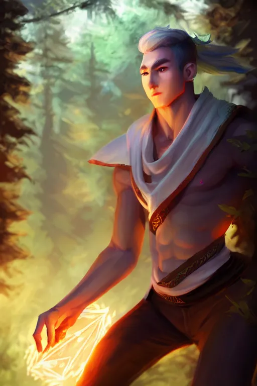 Image similar to a human elemental sorcerer, forest setting, colorful magic, male, white skin, young, sharp focus, concept art, dynamic lighting, unreal engine, by jeff chen