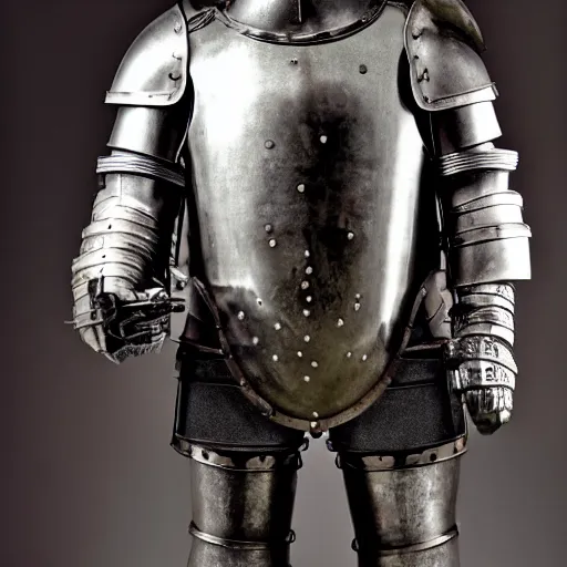 Image similar to one - armed medieval armored knight with a bucket on his head instead of a helmet, highly detailed photography