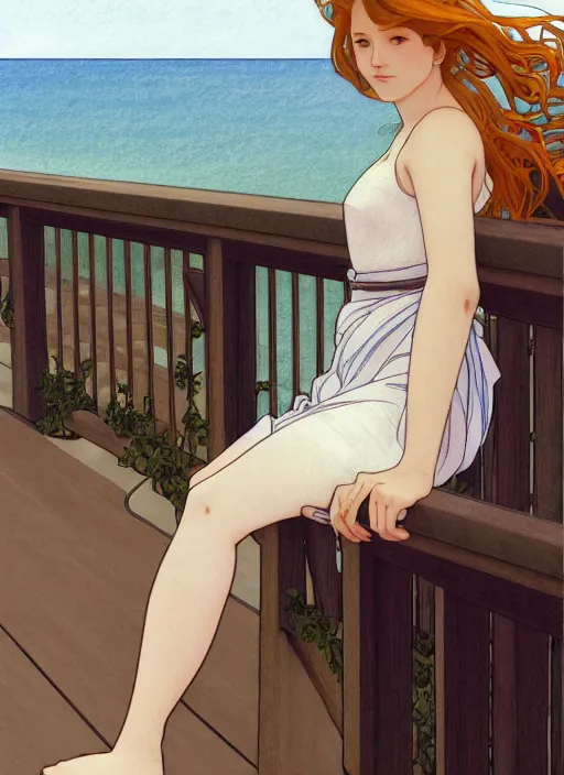 Image similar to pretty young woman leaning against the railing at the beach, path traced, highly detailed, high quality, digital painting, by studio ghibli and alphonse mucha, leesha hannigan, makoto shinkai, disney