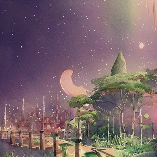 Image similar to Beautiful happy picturesque charming sci-fi town in harmony with nature. Beautiful light. Water and plants. Nice colour scheme, soft warm colour. Beautiful detailed artistic watercolor by Lurid. (2022)