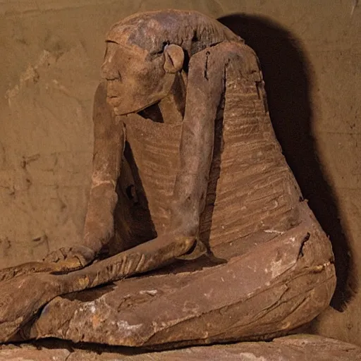 Prompt: an ancient mummy of a shaman in a fetal position