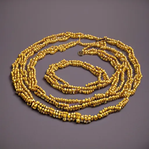 Image similar to a studio photoshoot of a Gold Beaded Chain with 12 beads, designed by Tom Sachs, realistic, color film photography by Tyler Mitchell, 35 mm, graflex