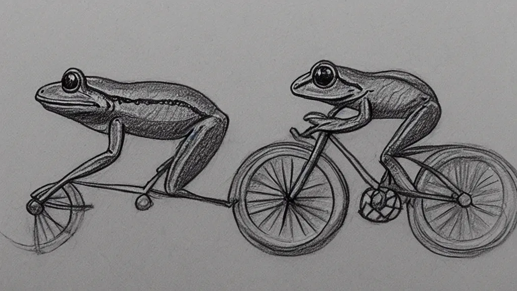 Prompt: a pencil sketch of a frog riding a bicycle