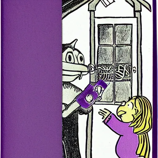 Image similar to Harold and the Purple Crayon in black and white with a purple door and a purple crayon by Maurice Sendak, illustrated as a children's book