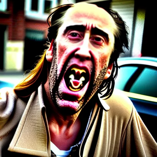 Prompt: uhd candid photo of dirty, homeless nicholas cage ranting maniacally in the street. skid row. correct face, accurate face, exaggerated features, intricate details, hyperdetailed, accurate face. photo by annie leibowitz