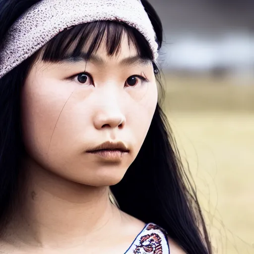 Prompt: closeup photo of a young chinese tribal woman in the style of rosie matheson