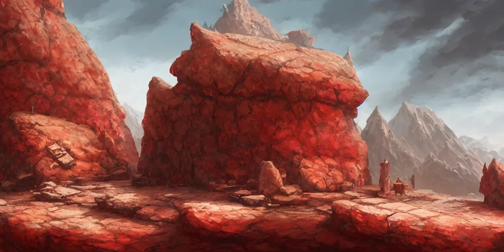 Prompt: a naturally reddened outcropping of stone juts out of the salted crag, matte oil painting, colored merchant tents, retrofuturistic science fantasy, rpg, epic, extremely detailed, sharp focus, 4 k