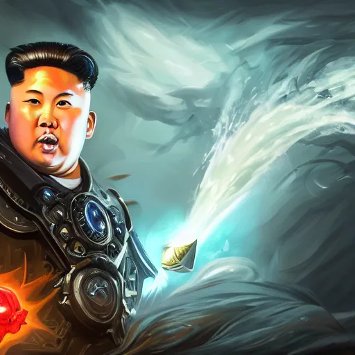 Image similar to portrait of kim - jong un as a spellcaster, league of legends amazing splashscreen artwork, gears of war, propaganda, sovjet, splash art, natural light, elegant, photorealistic facial features, intricate, fantasy, detailed face, atmospheric lighting, anamorphic lens flare, cinematic lighting, league of legends splash art, hd wallpaper, ultra high details by greg rutkowski