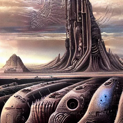 Image similar to landscape, alien sci-fi world, painting by H.R Giger