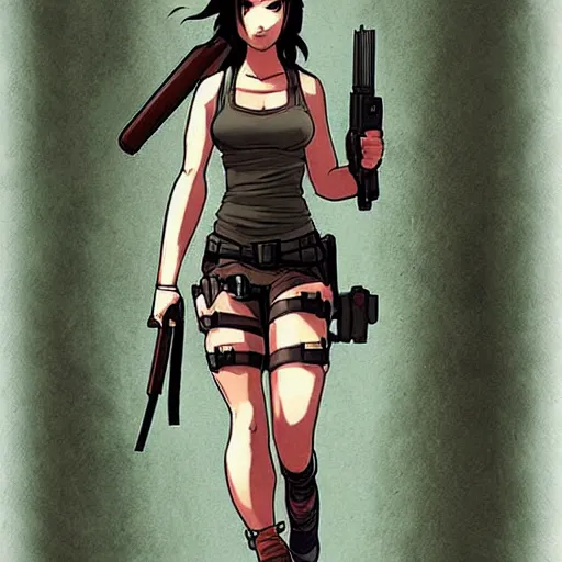 Image similar to “A high quality, full body, anime illustration of Lara Croft, from Tomb Raider Legend, created by Keiichi Arawi”