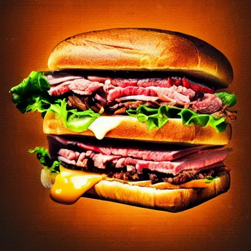 Image similar to food, sandwich, hamburger, steak, drinks, juicy meat, dripping sauce, dramatic lighting, cinematic, artistic