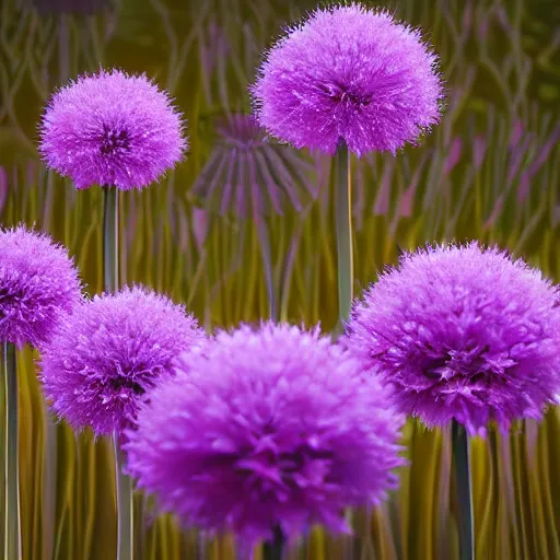 Prompt: allium flowers in a forest, golden hours, wilderness, cinematic lighting, trending on artstation