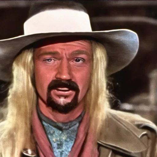 Image similar to a film still of Funny Valentine as a man, with a long blonde hair in The Good, the Bad and the Ugly(1966)
