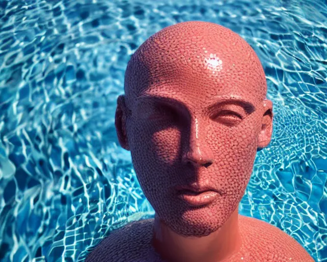 Prompt: a long shot of a giant award winning sculpture of a human head made out of pool toys, on the surface of the ocean, in the style of chad knight, hyper detailed, hyper realistic, ray tracing, 8 k resolution, sharp focus, realistic water