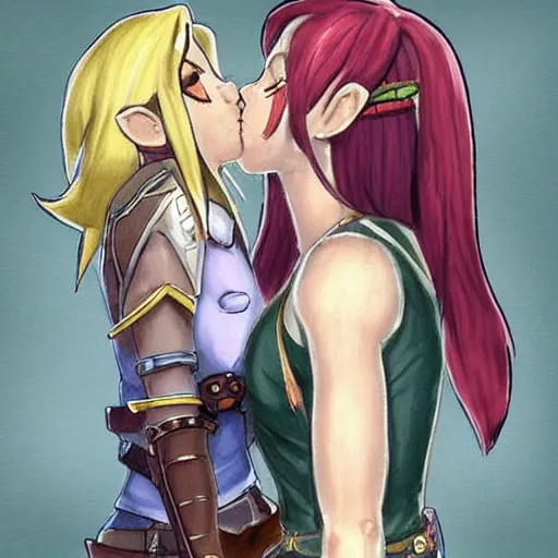 Image similar to female link and malon kissing, concept art, highly detailed