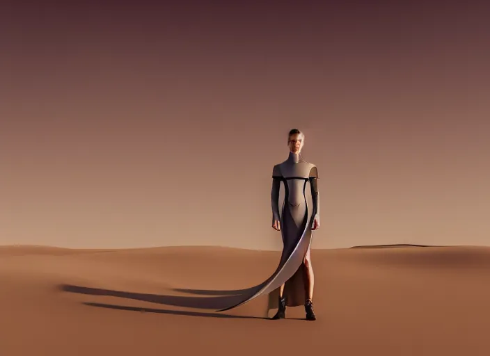 Prompt: futuristic dress for the dessert, dune style, fashion design, xf iq 4, 1 5 0 mp, 5 0 mm, iso 2 0 0, 1 / 1 6 0 s, realistic, natural light, octane render, adobe lightroom, rule of thirds, symmetrical balance, depth layering, polarizing filter, sense of depth, ai enhanced