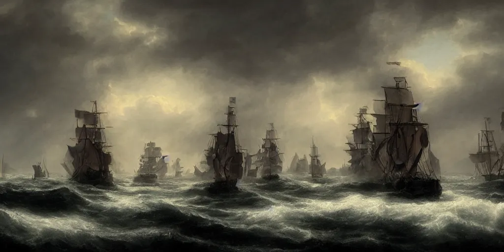 Prompt: Photorealistic,hyperdetailed hyper realistic medium shot rendering of galleons at war,canon fire,full sails,smoke,Dark raging waters,dusk,dark stormy clouds by Greg Rutkowski,Jacques-Louis David,Beautiful dynamic dramatic very dark moody lighting,shadows,Cinematic Atmosphere,high surface and silhouette details,Octane Render,8k