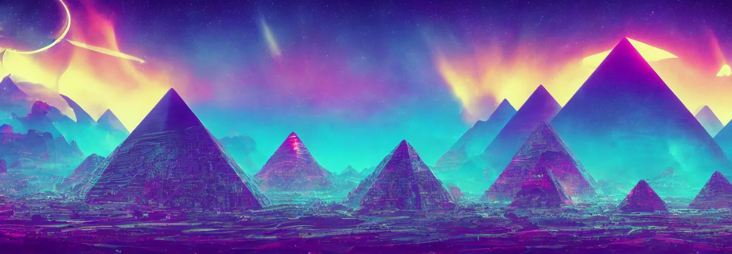 Image similar to Ultra High Definition, Synthwave desktop wallpaper, 8k, ultrawide, sharp focus, accurate and detailed, shamanic alien pyramids