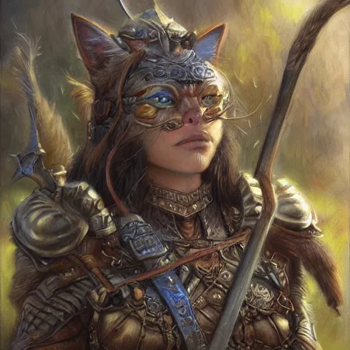 Prompt: Cat warrior fantasy D&D, portrait art by Donato Giancola and James Gurney, digital art, trending on artstation