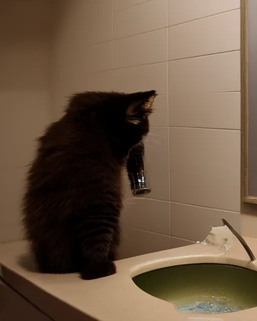 Prompt: Wide view of a Fluffy cat drinking water from a bathroom sink