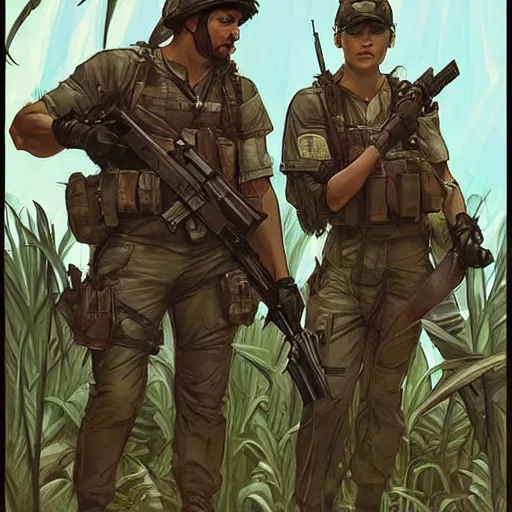 Prompt: american commandos patrolling south american jungle, in the style of artgerm and greg rutkowski and alphonse mucha