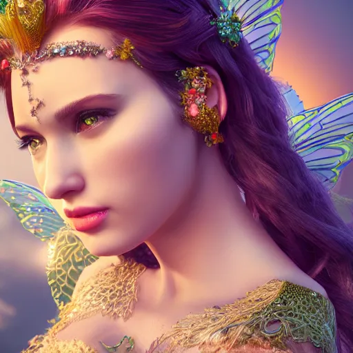 Prompt: side portrait of fairy princess, beautiful, attractive, glowing, ornate and intricate, jaw dropping, dynamic lighting, colorful, fairy tale, intricate and detailed, 4 k octane render, intricate wings