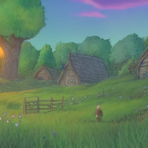 Prompt: the shire at sunset in the style of ghibli, 8 k, artstation, award wining, - 7 6 8