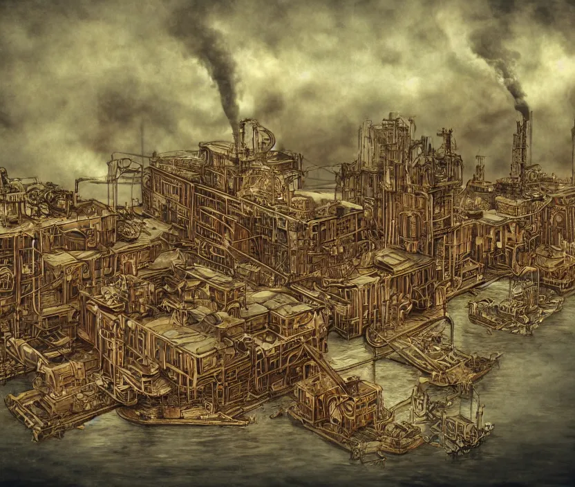 Prompt: A golden maroon steampunk factory on a harbor close to the ocean with cloudy skies in the fall months of october with steam shooting into the sky and polluting the sky, very nostalgic, very melancholic, dramatic angle, rotoscoped, rotoscope, photoshop, photomanipulation, realism, painting, illustration and sketch, weird scribbles, hybrid styles, hybrid art styles, mismatched, trending on artstation, trending on deviantart, weird, quirky, interesting, very detailed, highly detailed, HD Quality, 4k resolution, 8k resolution, in the style of David Firth, in the style of James Lee, in the style of Drue Langlois,