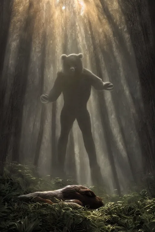 Image similar to mean fluffy teddybear wearing a Crysis Nanosuit in a forest with rays of light coming through the canopy, masterpiece, dystopian, sci-fi, extremely detailed, digital painting, sculpted in zbrush, artstation, concept art, smooth, sharp focus, illustration, chiaroscuro lighting, golden ratio, incredible art, artgerm, greg rutkowski, alphonse mucha, simon stalenhag, carravaggio