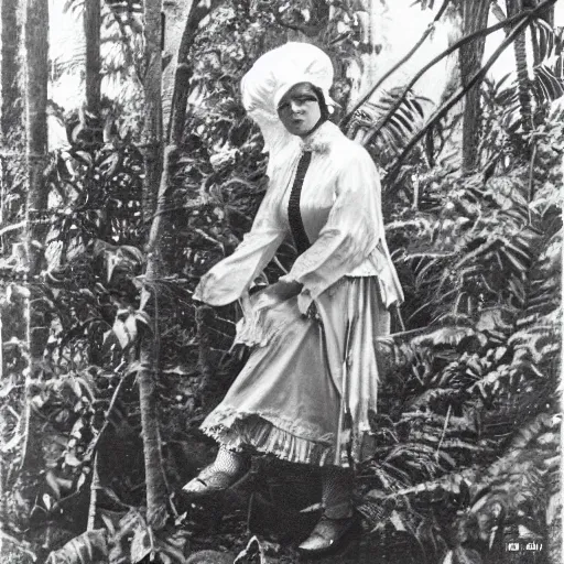 Image similar to a roset conrad of reimu in the jungle wearing bonnet