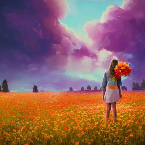 Image similar to girl with a flower head, surreal photography, dream, standing in flower field, magical, in a valley, sunrise dramatic light, impressionist painting, colorful clouds, artstation, simon stalenhag