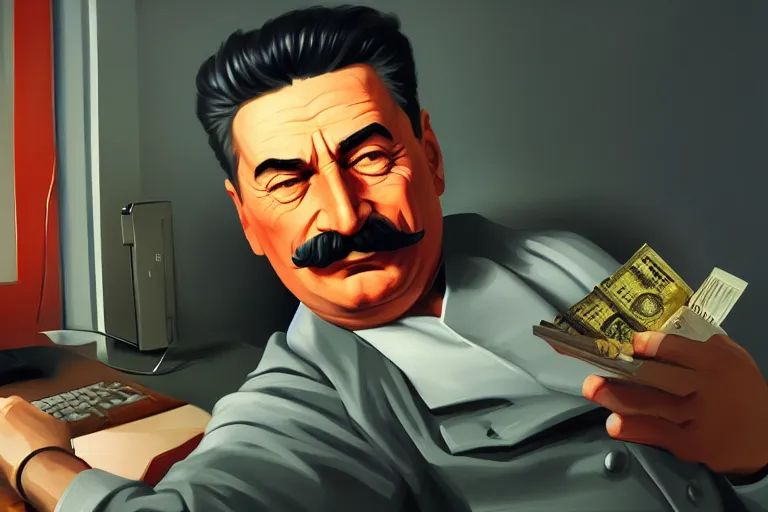 Prompt: angry realistic josef stalin trading forex in front of computer trading bitcoin, portrait, highly detailed, hyperrealistic, digital painting, artstation, concept art, smooth, sharp focus, illustration, cinematic lighting, art by by goro fujita