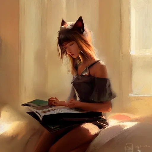 Prompt: Girl with cat ears studying from a textbook, by WLOP, by Artgerm, by Michael Garmash, by Rob Rey, digital art, trending on artstation, beautiful lightning, atmospheric