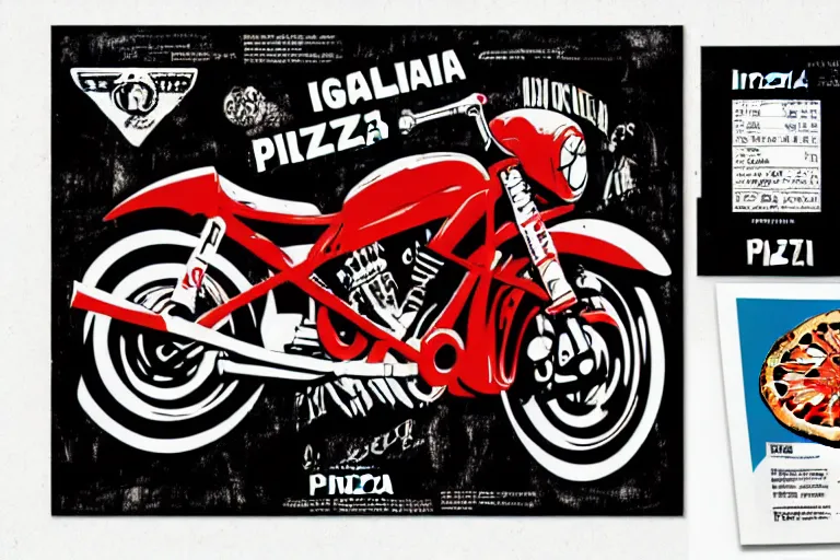 Image similar to italian pizza, akira's motorcycle, gorillaz, flyer, kid drawn