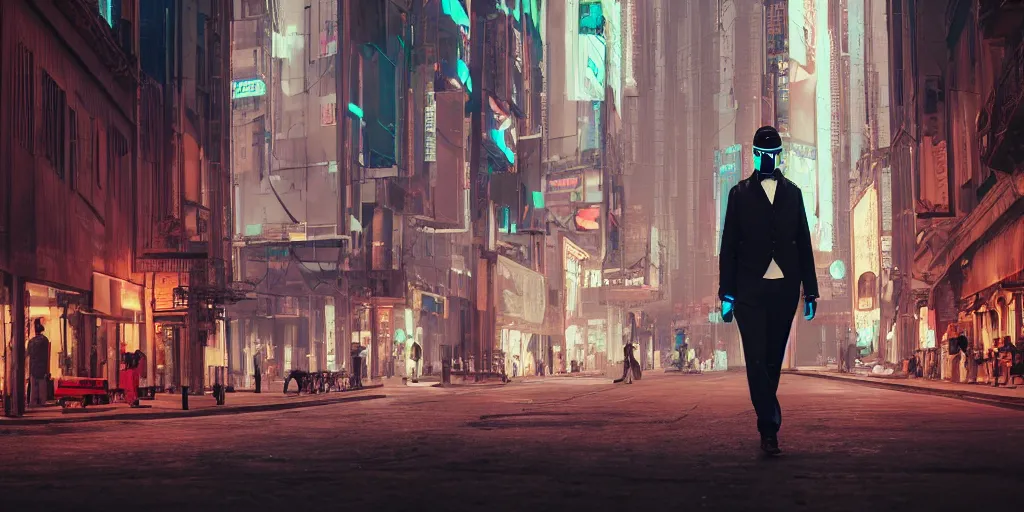 Image similar to man dressed in the directoire style in a cyberpunk city, photograph, cinematic, top down camera, rgb,